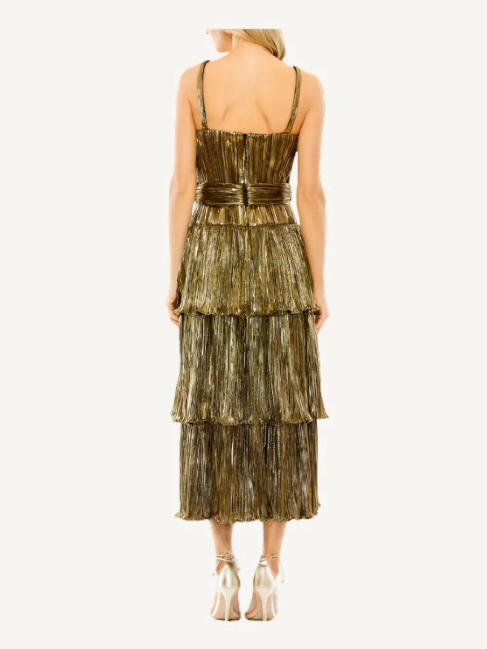 NWT Mac Duggal Antique Gold Pleated Tiered Midi Dress Size 2 - Picture 3 of 6